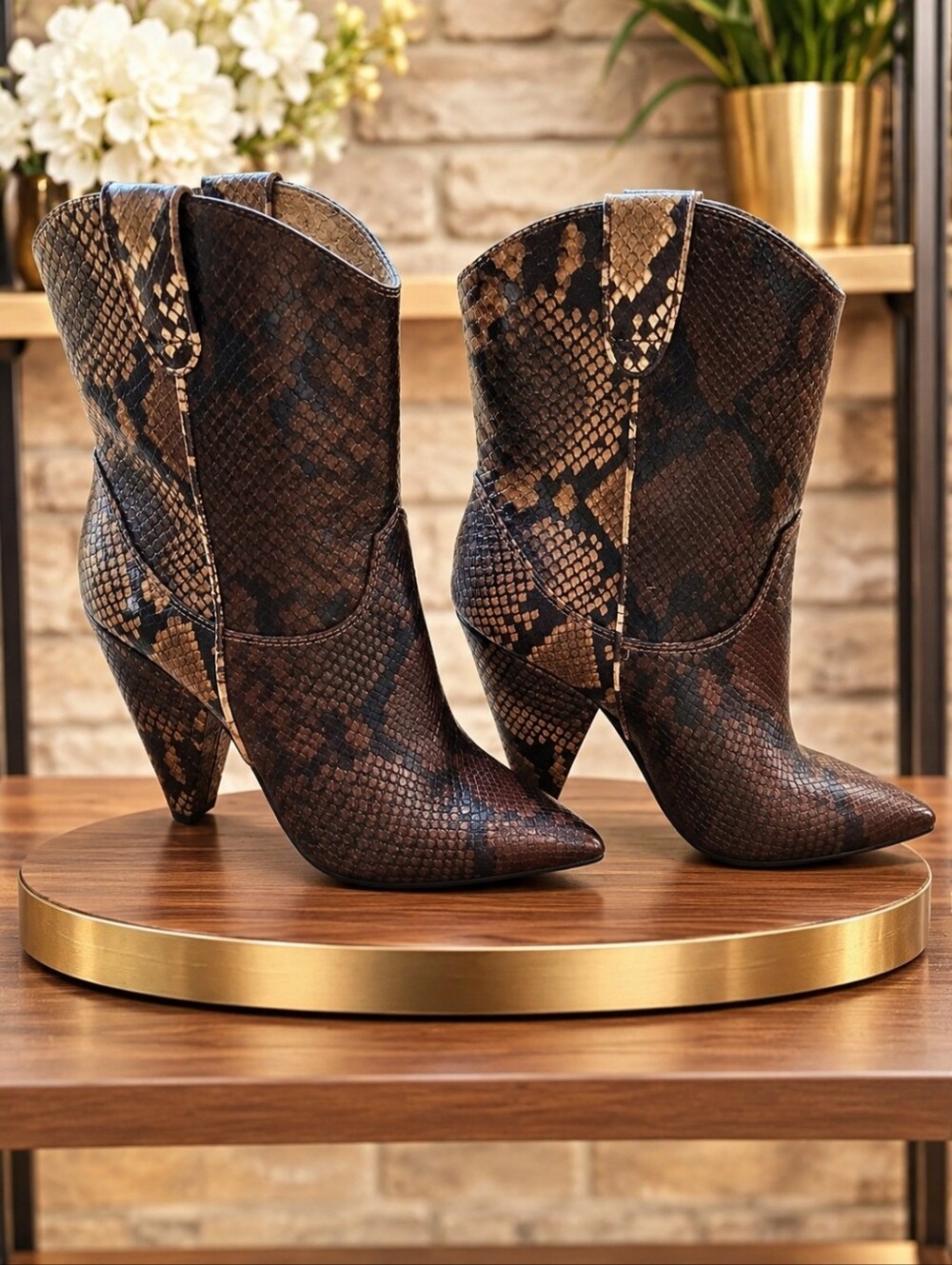 Snake-Print Pointed Toe Western Ankle Boots - Brown